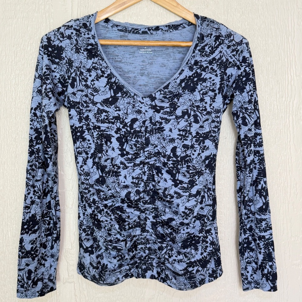 Pilcro Anthropologie Blue Floral Ruched V-Neck Long Sleeve Top Small New w Tags